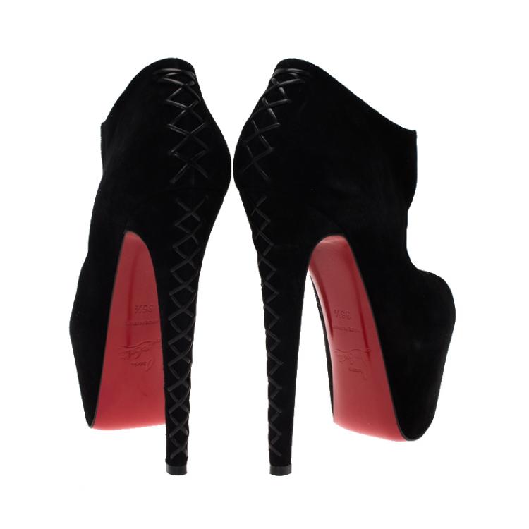 Pre Owned Christian Louboutin Black Suede Recouzetta Peep Toe Platform Ankle Boots Size 36.5