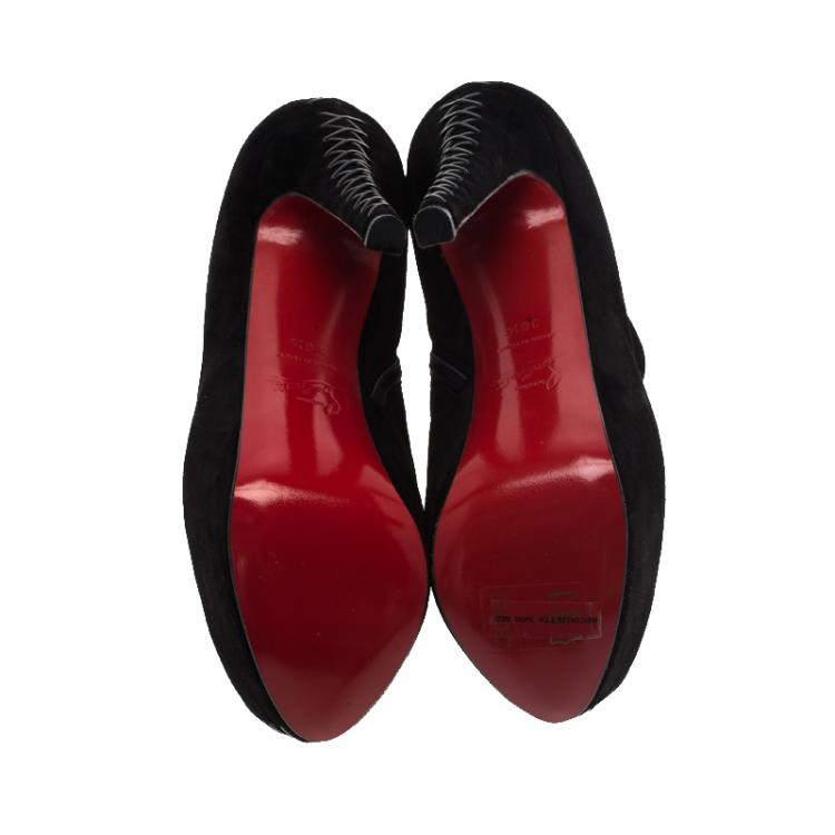Pre Owned Christian Louboutin Black Suede Recouzetta Peep Toe Platform Ankle Boots Size 36.5