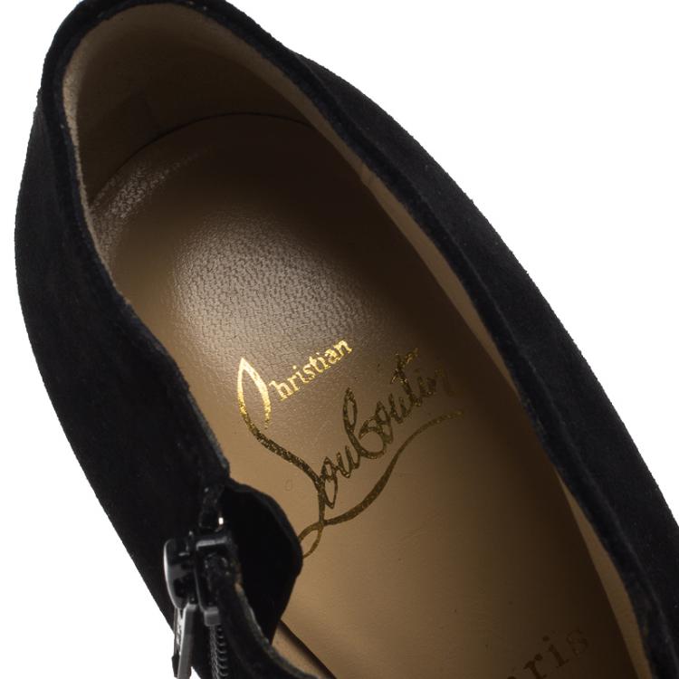 Pre Owned Christian Louboutin Black Suede Recouzetta Peep Toe Platform Ankle Boots Size 36.5