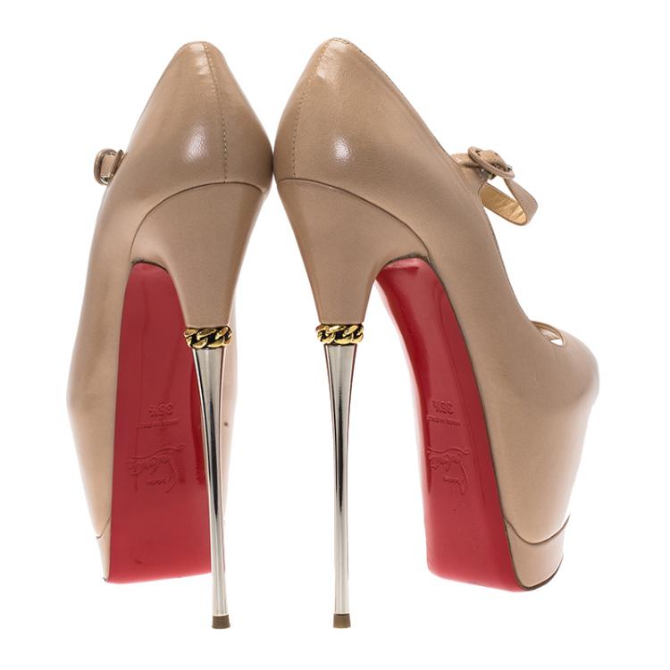 مملوكة مسبقًا Christian Louboutin Beige Leather Printz Metallic Heel Peep Toe Platform Pumps Size 36.5
