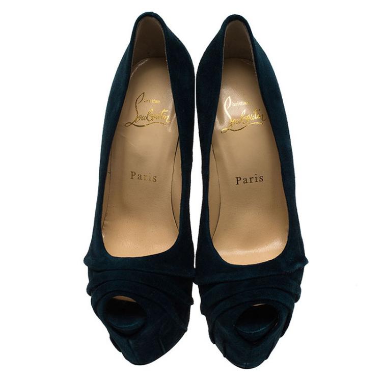 Pre Owned Christian Louboutin Blue Ruched Suede Drapesse Peep Toe Platform Pumps Size 36.5