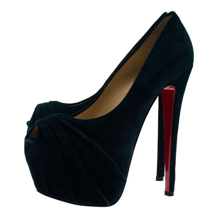 Pre Owned Christian Louboutin Blue Ruched Suede Drapesse Peep Toe Platform Pumps Size 36.5