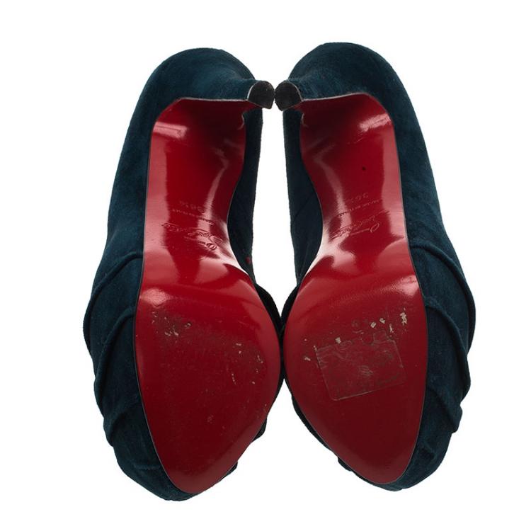 Pre Owned Christian Louboutin Blue Ruched Suede Drapesse Peep Toe Platform Pumps Size 36.5