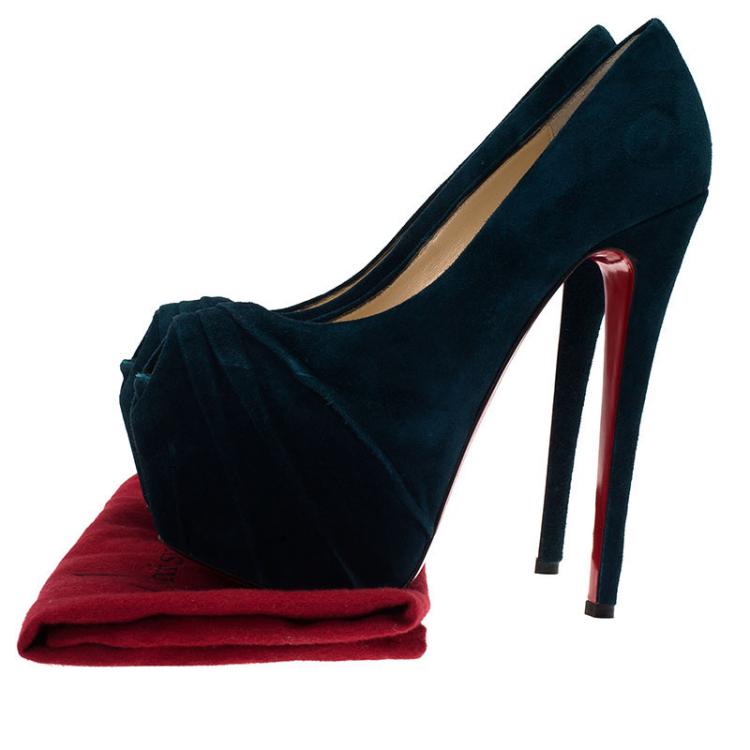 Pre Owned Christian Louboutin Blue Ruched Suede Drapesse Peep Toe Platform Pumps Size 36.5