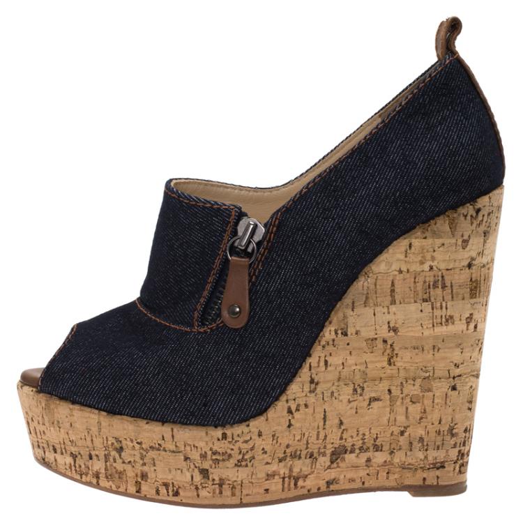 Pre Owned Christian Louboutin Blue Denim Debora Platform Cork Wedge Pumps Size 37