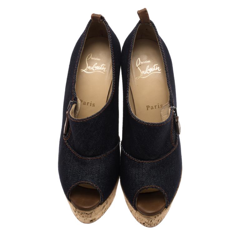 Pre Owned Christian Louboutin Blue Denim Debora Platform Cork Wedge Pumps Size 37
