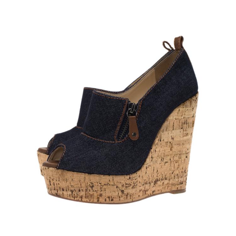 Pre Owned Christian Louboutin Blue Denim Debora Platform Cork Wedge Pumps Size 37