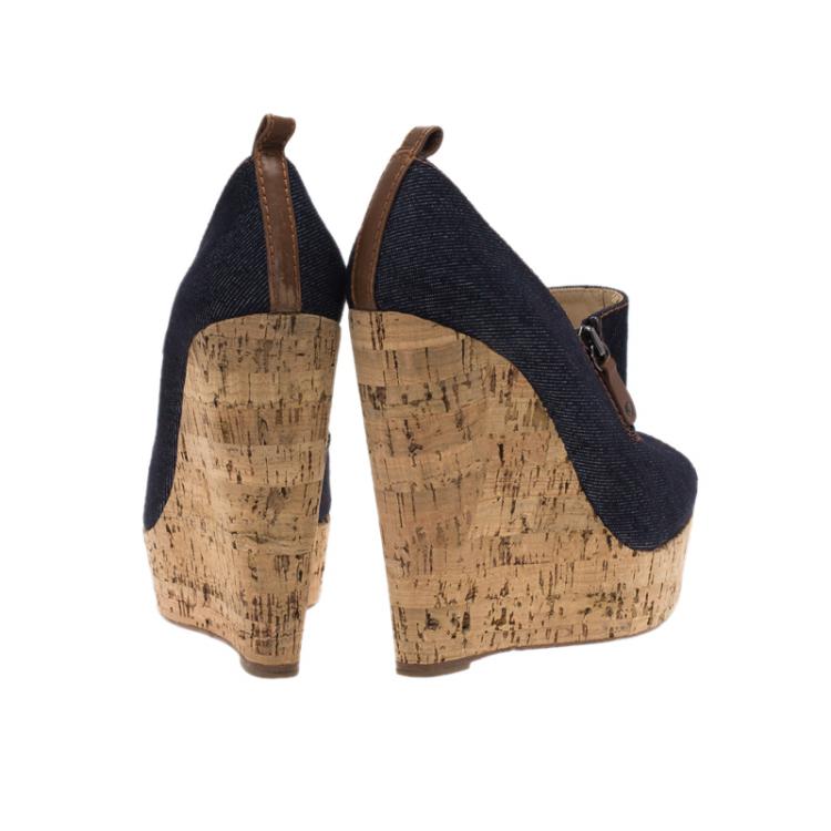 Pre Owned Christian Louboutin Blue Denim Debora Platform Cork Wedge Pumps Size 37