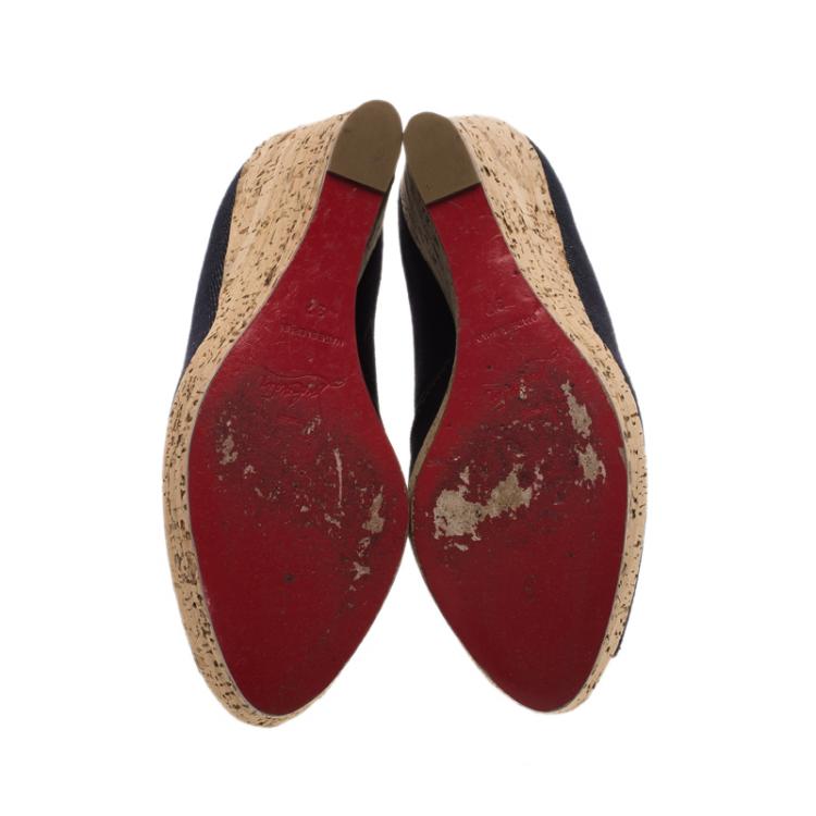 Pre Owned Christian Louboutin Blue Denim Debora Platform Cork Wedge Pumps Size 37