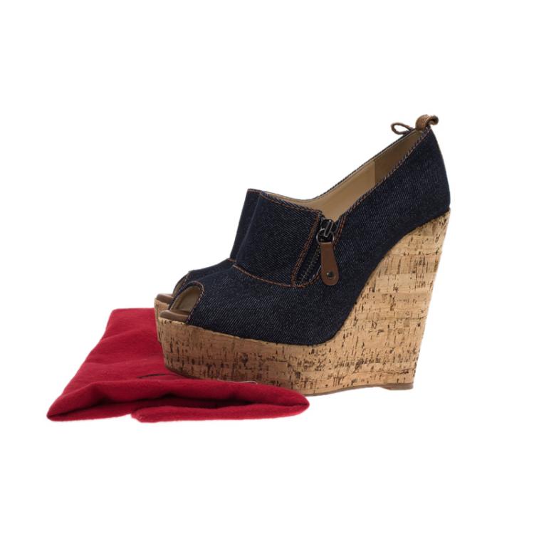 Pre Owned Christian Louboutin Blue Denim Debora Platform Cork Wedge Pumps Size 37