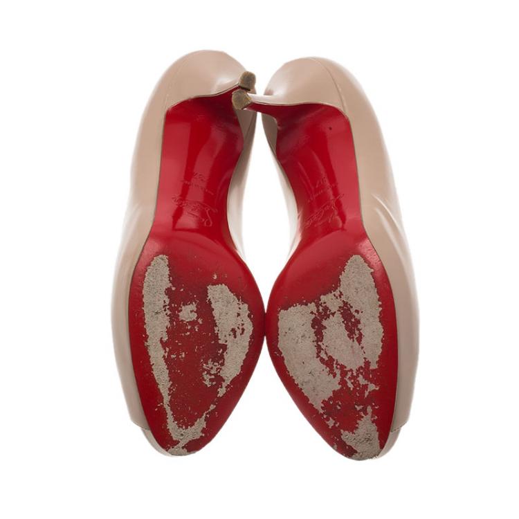 Pre Owned Christian Louboutin Beige Patent Mater Claude Peep Toe Pumps Size 37