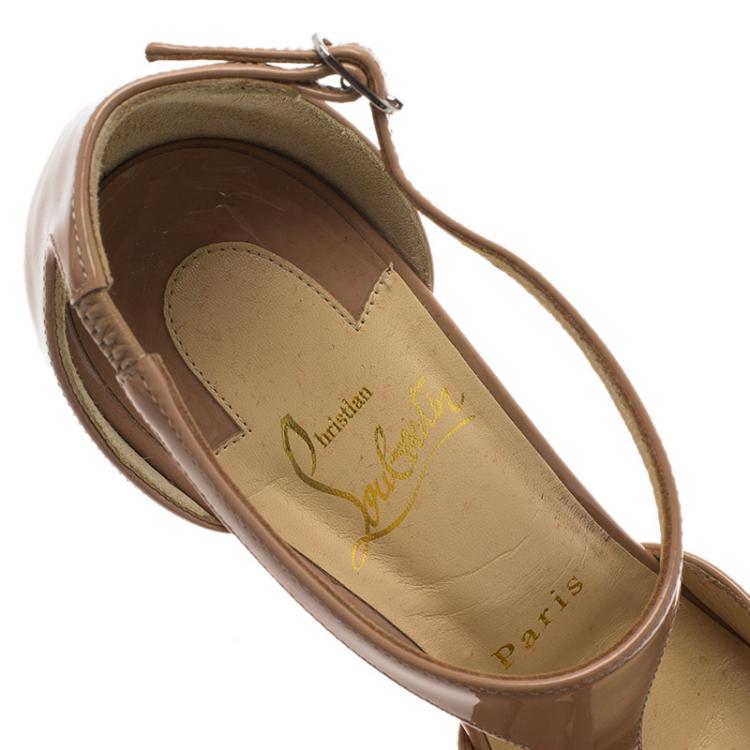Pre Owned Christian Louboutin Beige Patent J String T Strap Pumps Size 36