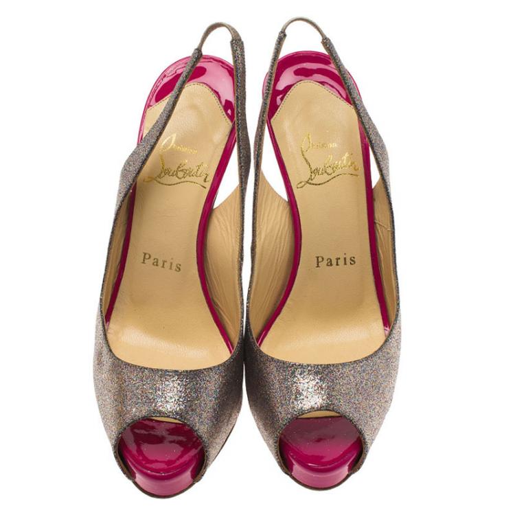 Pre Owned Christian Louboutin Silver Glitter N°Prive Peep Toe Slingback Sandals Size 35.5