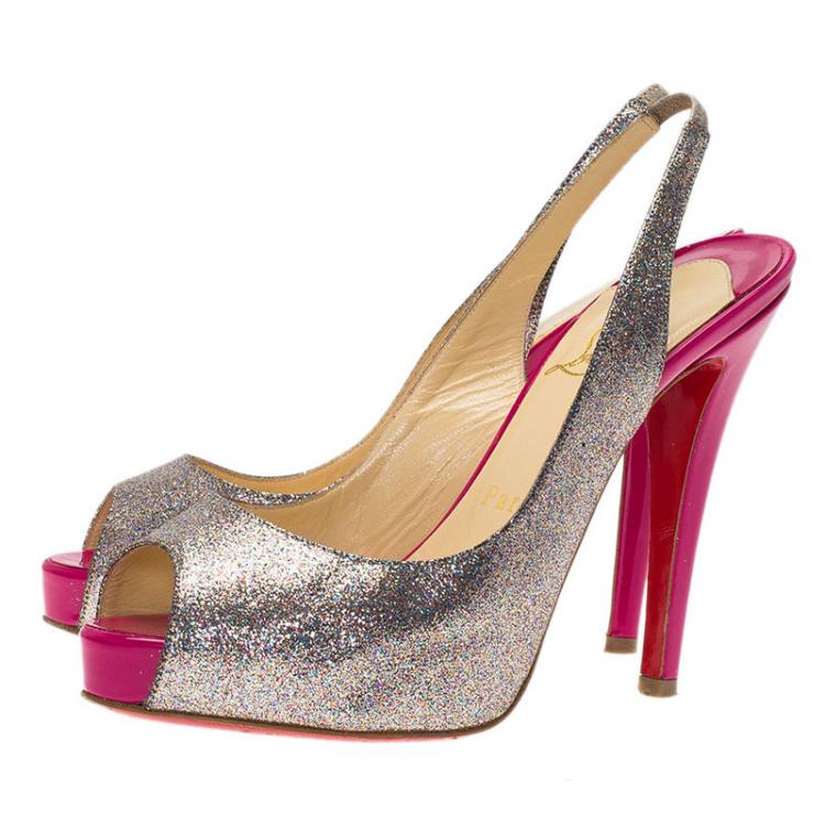Pre Owned Christian Louboutin Silver Glitter N°Prive Peep Toe Slingback Sandals Size 35.5