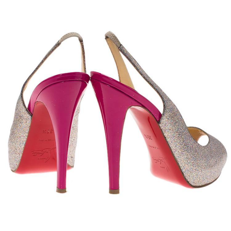 Pre Owned Christian Louboutin Silver Glitter N°Prive Peep Toe Slingback Sandals Size 35.5