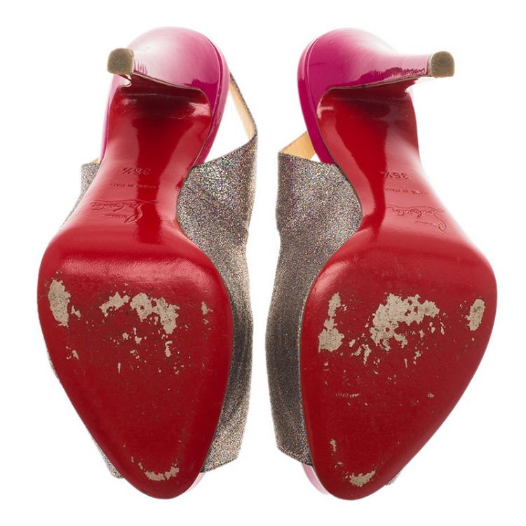 Pre Owned Christian Louboutin Silver Glitter N°Prive Peep Toe Slingback Sandals Size 35.5