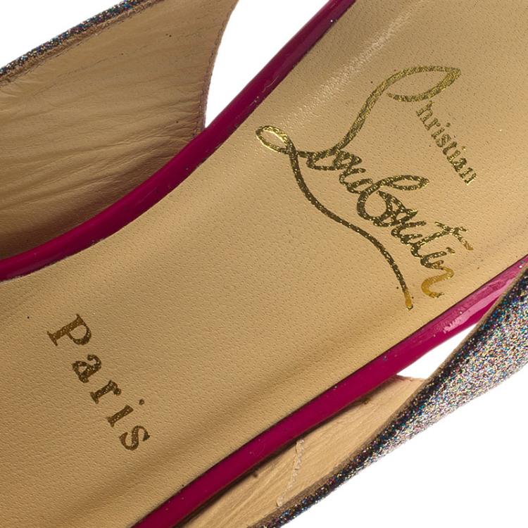 Pre Owned Christian Louboutin Silver Glitter N°Prive Peep Toe Slingback Sandals Size 35.5