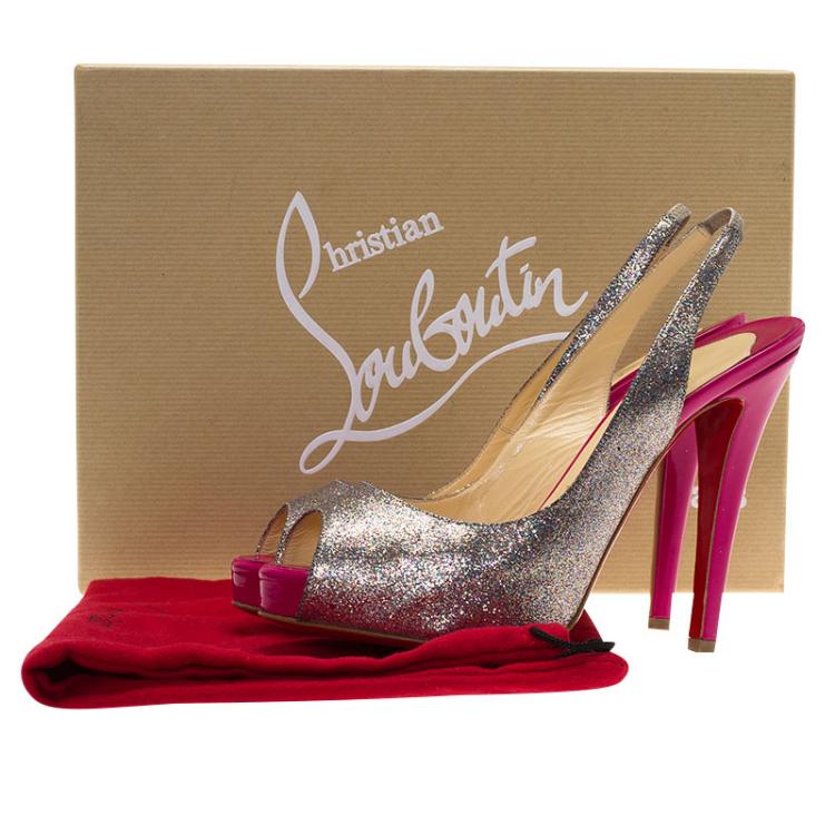 Pre Owned Christian Louboutin Silver Glitter N°Prive Peep Toe Slingback Sandals Size 35.5