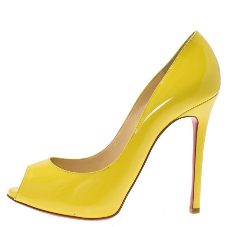 Pre Owned Christian Louboutin Yellow Patent Flo Peep Toe Pumps Size 37.5