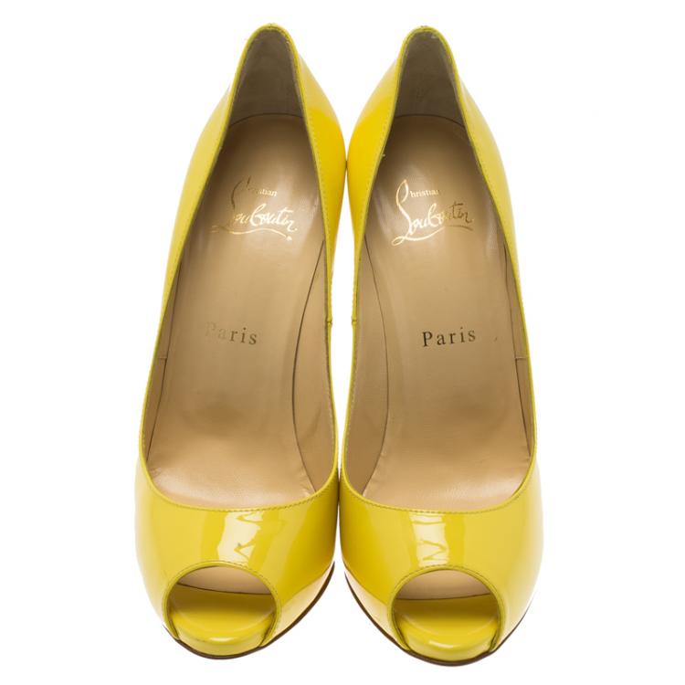 Pre Owned Christian Louboutin Yellow Patent Flo Peep Toe Pumps Size 37.5