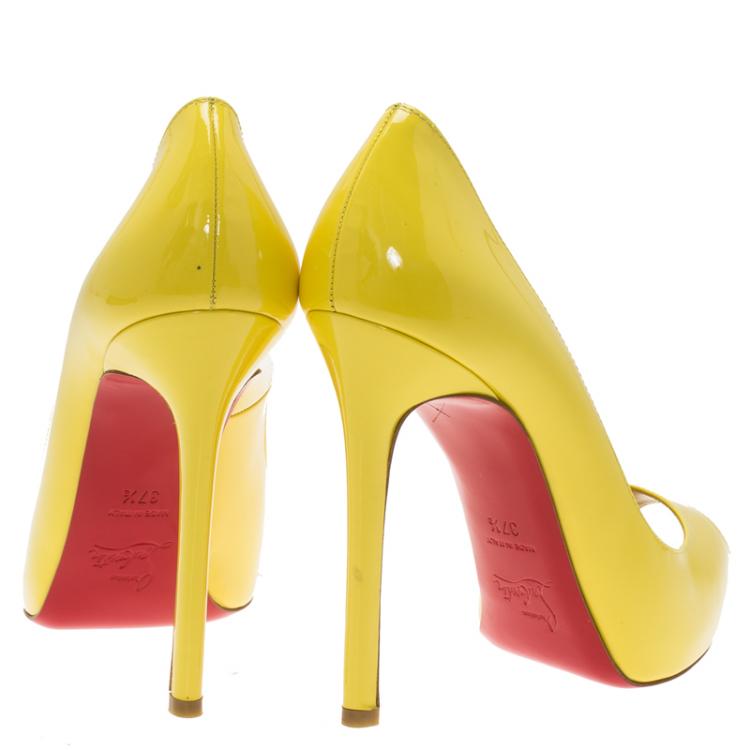 Pre Owned Christian Louboutin Yellow Patent Flo Peep Toe Pumps Size 37.5
