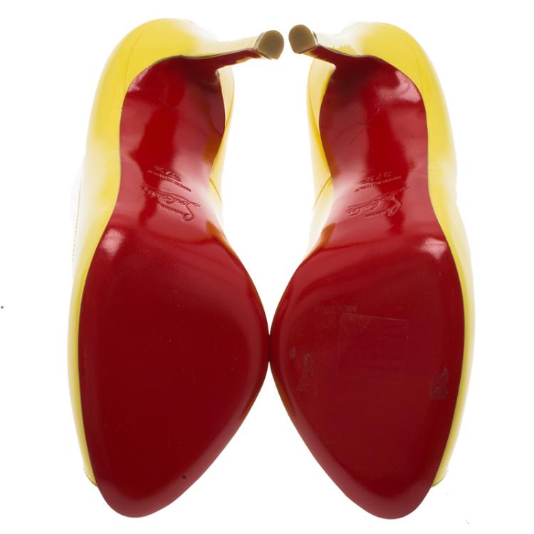 Pre Owned Christian Louboutin Yellow Patent Flo Peep Toe Pumps Size 37.5