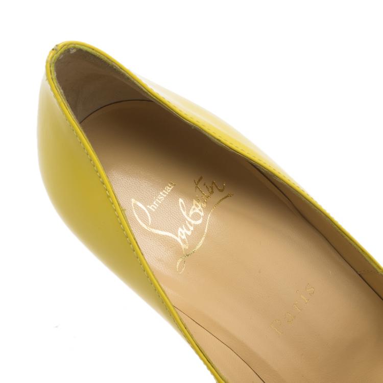Pre Owned Christian Louboutin Yellow Patent Flo Peep Toe Pumps Size 37.5