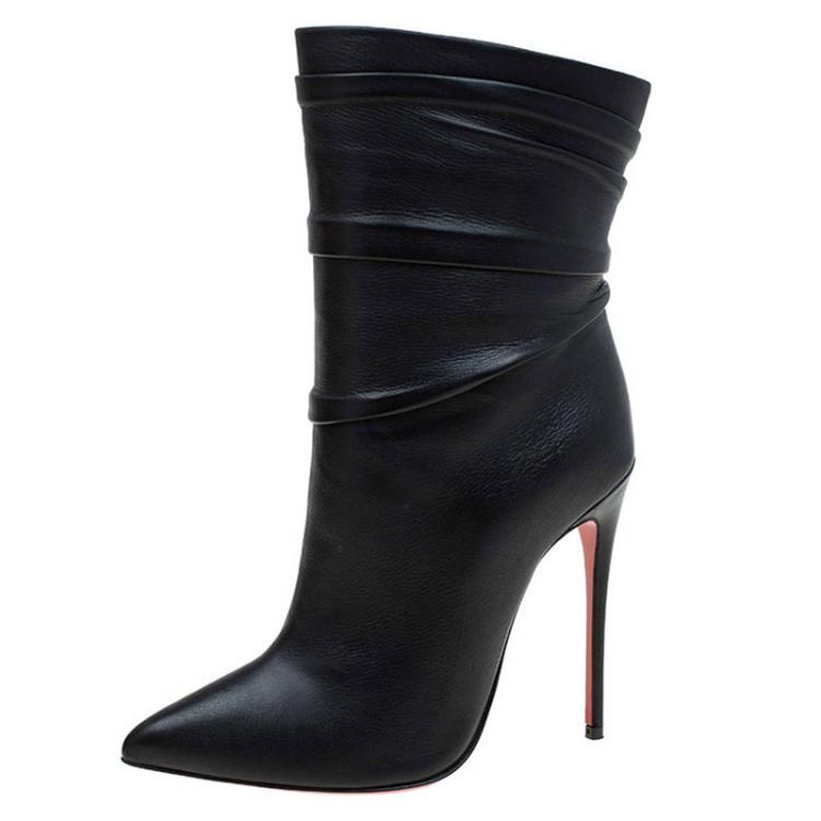 Christian Louboutin Black Ruched Leather Ishtar Mid Calf Boots ...