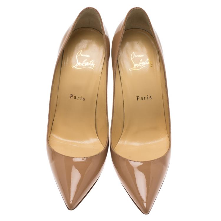 Pre Owned Christian Louboutin Beige Patent Decollete Pumps Size 38.5