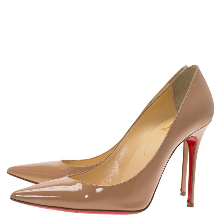 Pre Owned Christian Louboutin Beige Patent Decollete Pumps Size 38.5