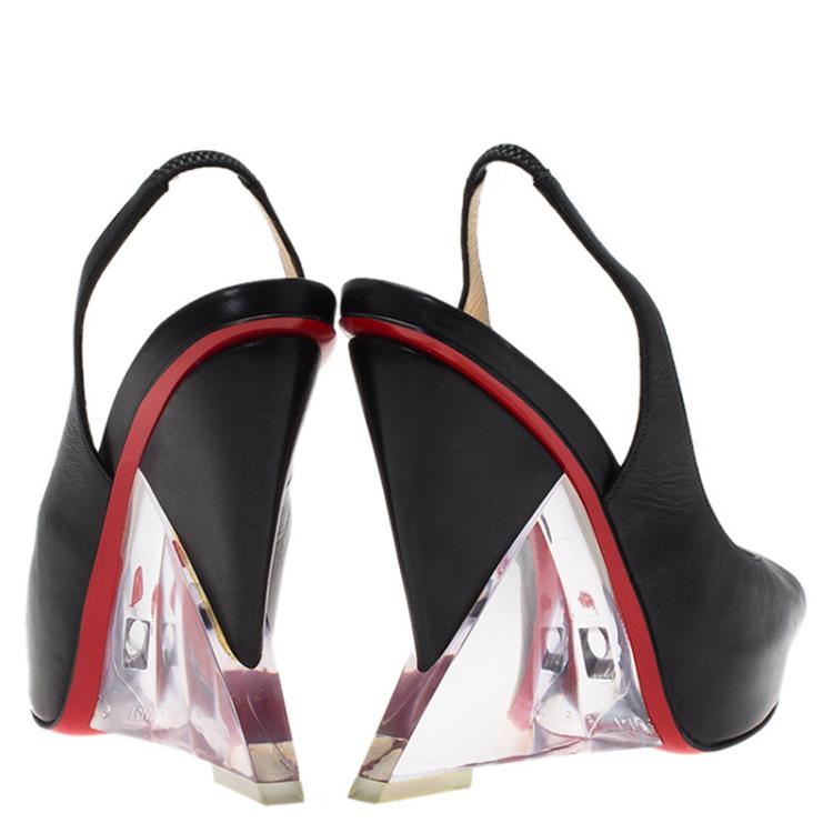 مملوكة مسبقًا Christian Louboutin Black Leather Rosemin Plexi Wedge Sandals Size 36