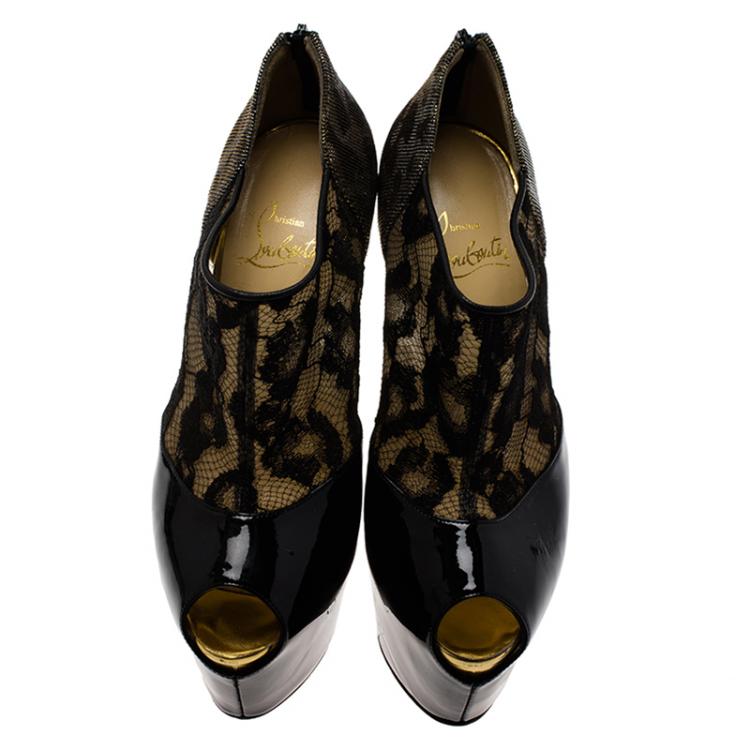 مملوكة مسبقًا Christian Louboutin Black Leather, Lace and Lamé Aeronotoc Peep Toe Platform Ankle Boots Size 36