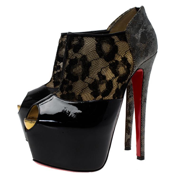 مملوكة مسبقًا Christian Louboutin Black Leather, Lace and Lamé Aeronotoc Peep Toe Platform Ankle Boots Size 36