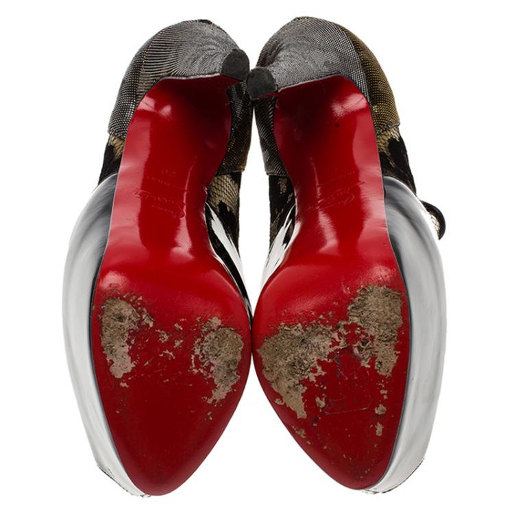 مملوكة مسبقًا Christian Louboutin Black Leather, Lace and Lamé Aeronotoc Peep Toe Platform Ankle Boots Size 36