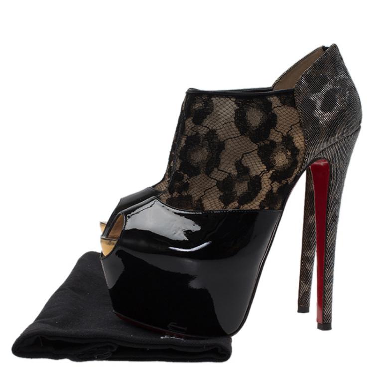 مملوكة مسبقًا Christian Louboutin Black Leather, Lace and Lamé Aeronotoc Peep Toe Platform Ankle Boots Size 36