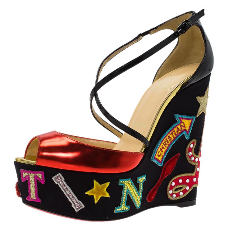 Pre Owned Christian Louboutin Loubi Zeppa Crisscross Wedges Sandals Size 36.5