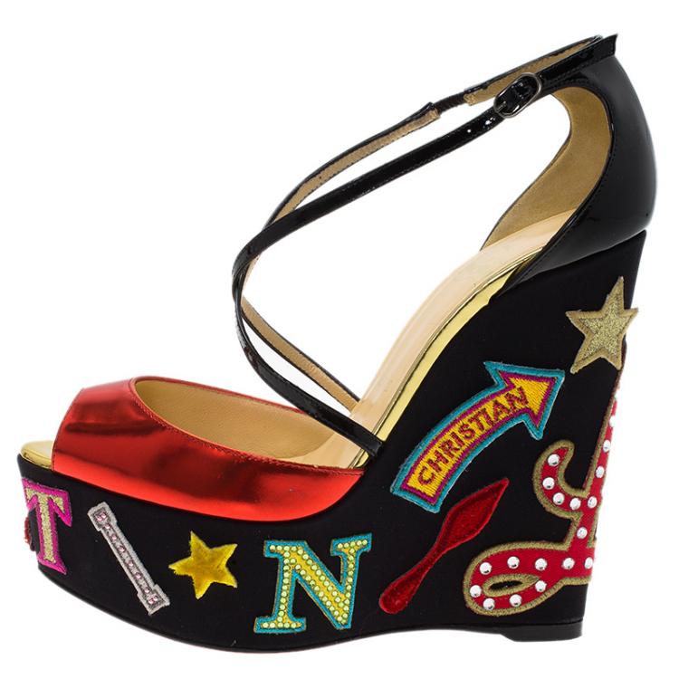 Pre Owned Christian Louboutin Loubi Zeppa Crisscross Wedges Sandals Size 36.5