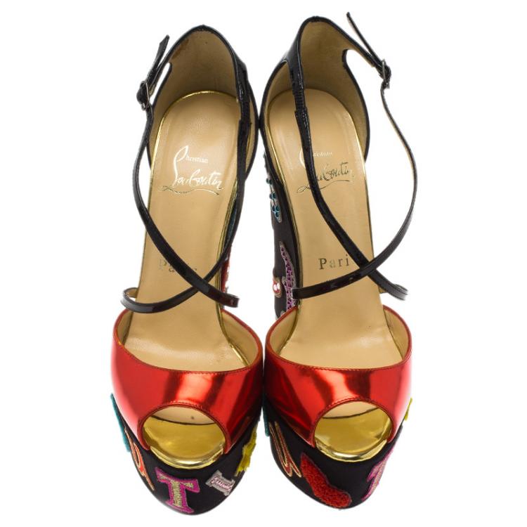 Pre Owned Christian Louboutin Loubi Zeppa Crisscross Wedges Sandals Size 36.5
