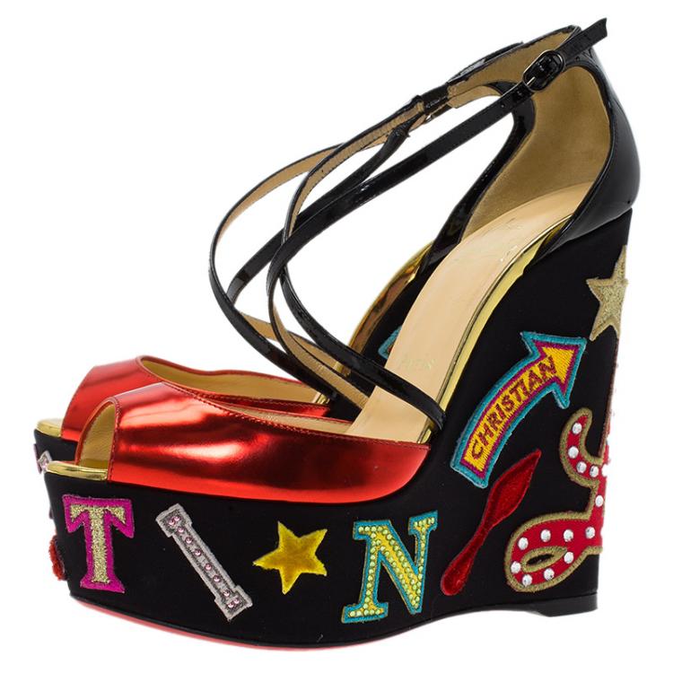 Pre Owned Christian Louboutin Loubi Zeppa Crisscross Wedges Sandals Size 36.5