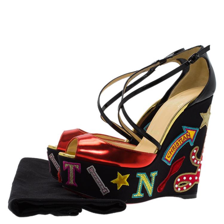 Pre Owned Christian Louboutin Loubi Zeppa Crisscross Wedges Sandals Size 36.5