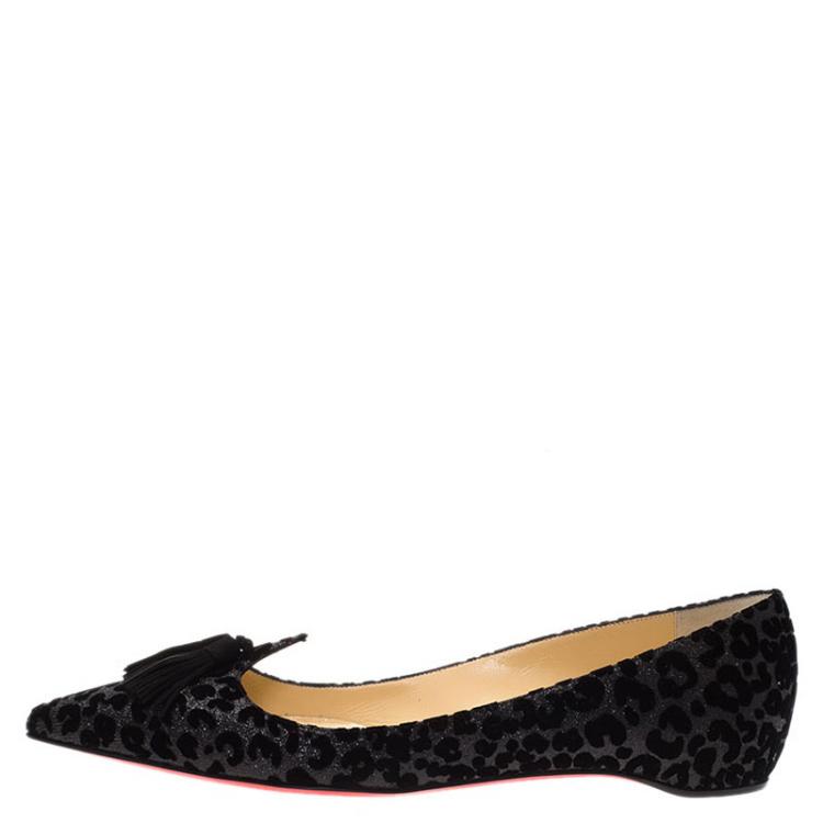 Pre Owned Christian Louboutin Grey Leopard Flocked Glitter Velvet Gwalior Ballet Flats Size 38.5