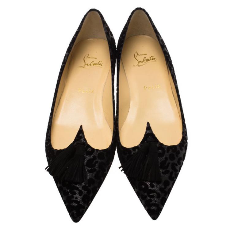 Pre Owned Christian Louboutin Grey Leopard Flocked Glitter Velvet Gwalior Ballet Flats Size 38.5