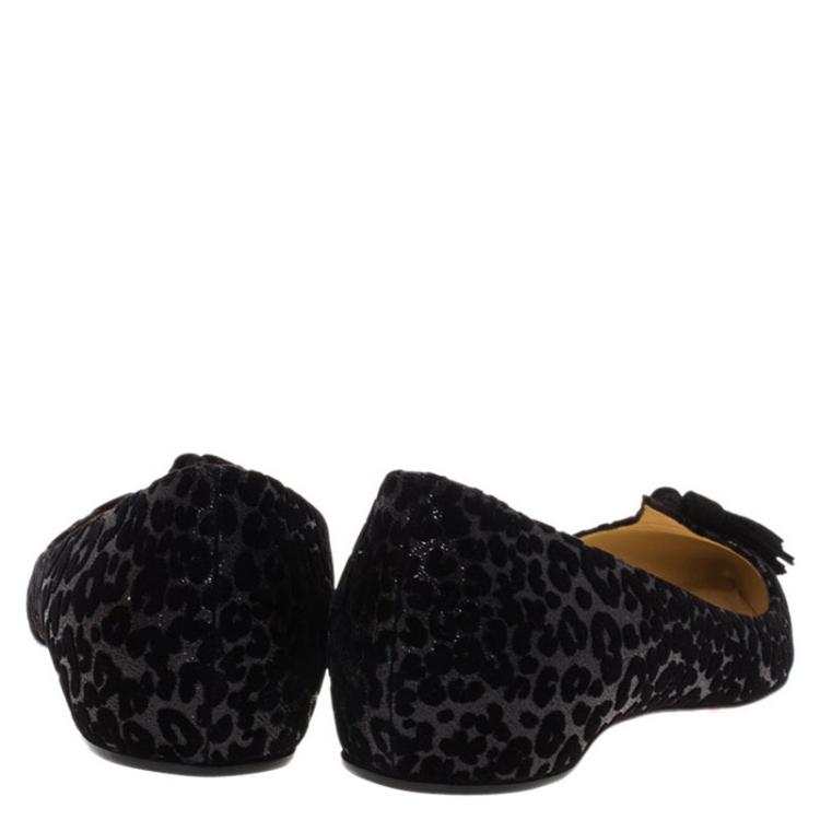 Pre Owned Christian Louboutin Grey Leopard Flocked Glitter Velvet Gwalior Ballet Flats Size 38.5