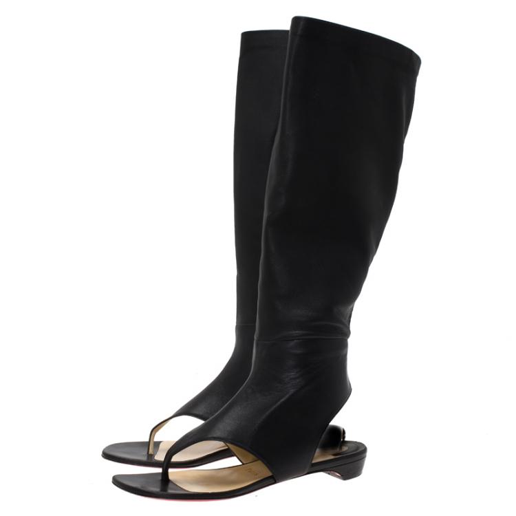 Pre Owned Christian Louboutin Black Leather From Sand Flat Knee Sandals Size 37.5