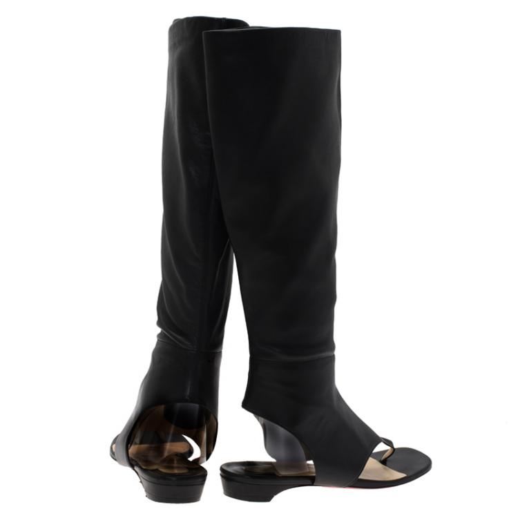 Pre Owned Christian Louboutin Black Leather From Sand Flat Knee Sandals Size 37.5
