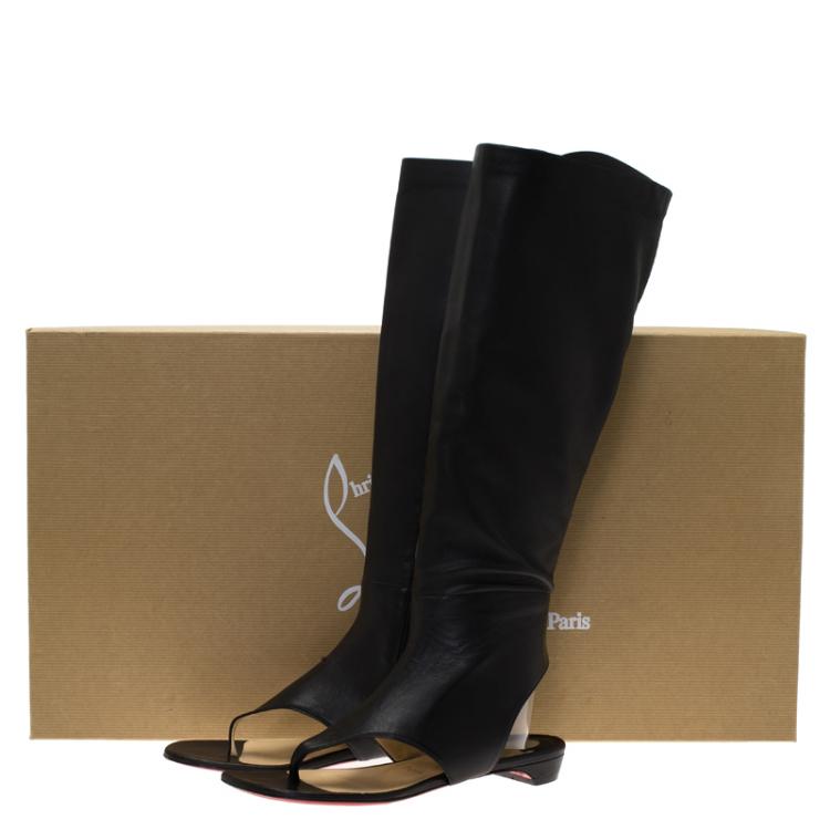 Pre Owned Christian Louboutin Black Leather From Sand Flat Knee Sandals Size 37.5