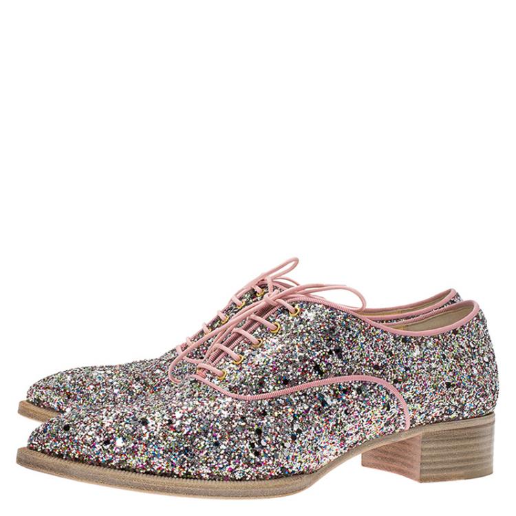 Pre Owned Christian Louboutin Multicolor Glitter Zazou Oxfords Size 37.5