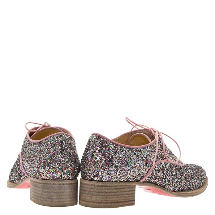 Pre Owned Christian Louboutin Multicolor Glitter Zazou Oxfords Size 37.5