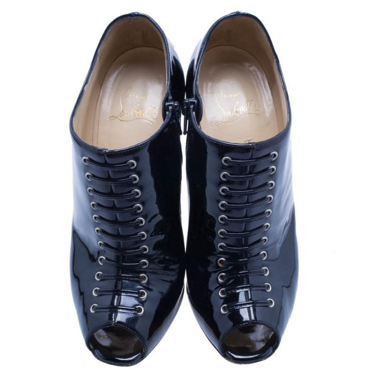 Pre Owned Christian Louboutin Black Patent Christ Lace Up Peep Toe Ankle Boots Size 37