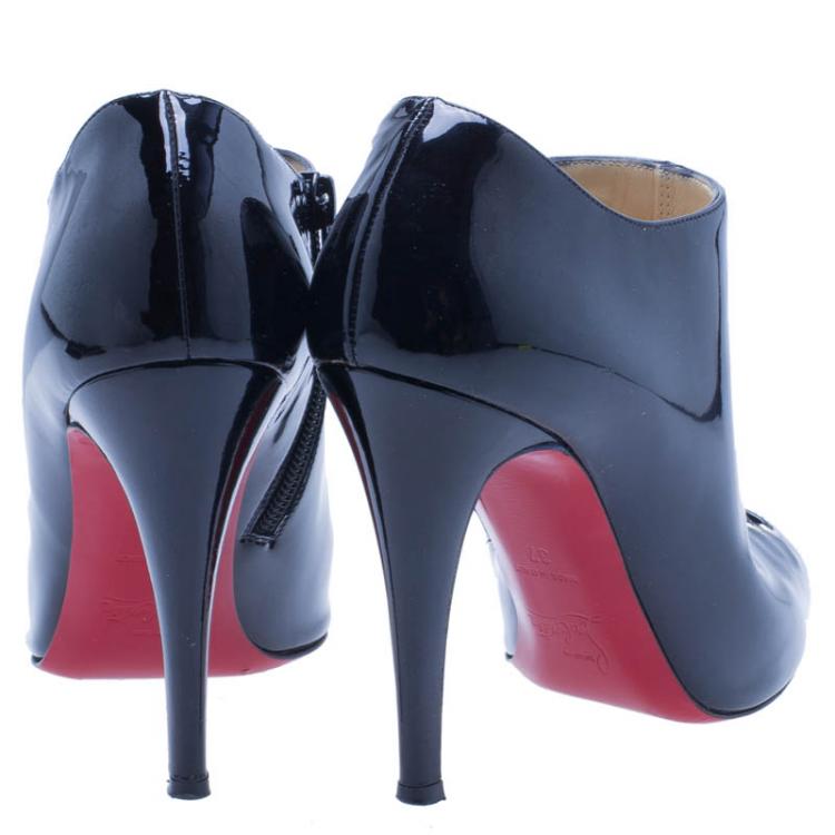 Pre Owned Christian Louboutin Black Patent Christ Lace Up Peep Toe Ankle Boots Size 37
